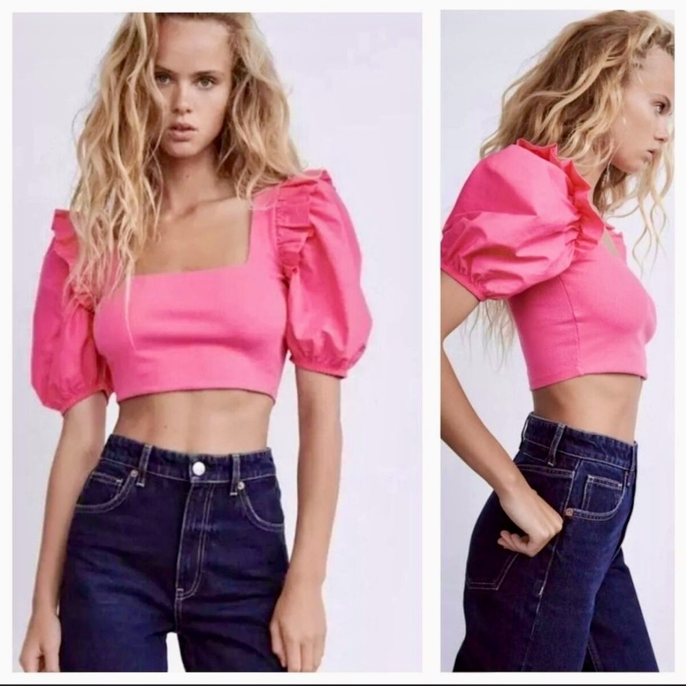 ZARA Pink Crop Top Puff Sleeve Ribbed Y2K Barbie Core Cotton Size L